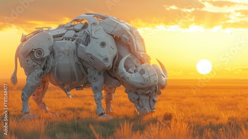 Robotic Cape Buffalo Grazing Peacefully Amidst the Serene African Plains at Sunset a Blend of Nature and Advanced Technology