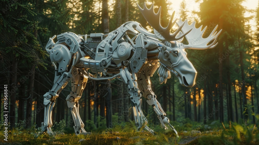 Majestic Robotic Moose Stands Tall in Serene Forest Clearing at Sunset