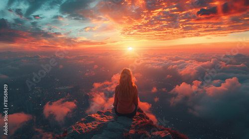 Concept of peace and tranquility as the woman takes in the breathtaking view photo