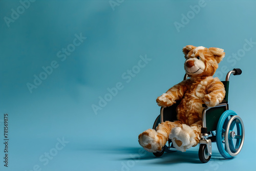 Soft toy on a stroller for the disabled on the solid beige background. National Specially-abled Pets Day. Copy space. photo