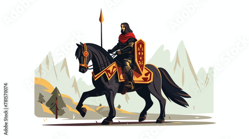 Medieval warrior on horse 2d flat cartoon vactor il photo