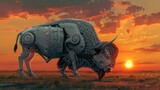 Robotic Bison Grazing Amidst Vibrant Sunset Skies on Open Plains