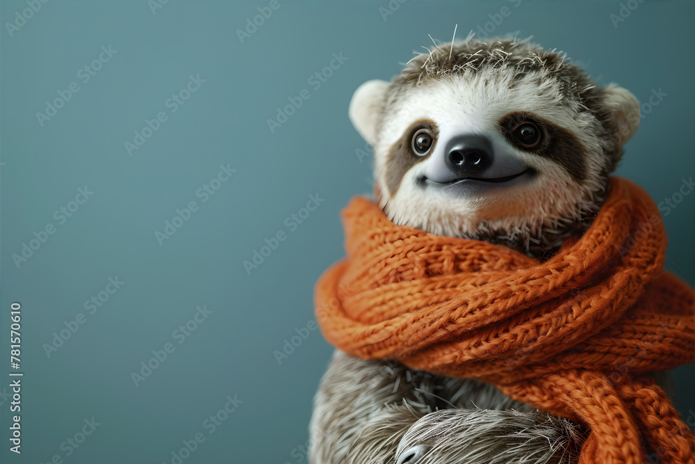 Fototapeta premium Animal sloth wearing winter knitted wool scarf on blue background. Animal disease, cold, flu, virus concept. Copy space.