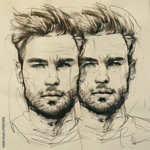 2 handsome Norwegian 27 yr old men drawing is drawn with the word GAY in, in the style of exaggerated facial features