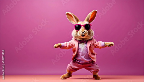 funny rabbit dancing luxury with sunglasses with pink light background generative AI