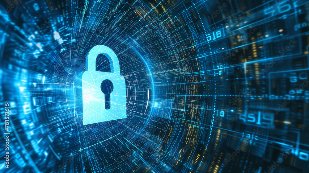 Digital padlock symbolizing cybersecurity within a blue abstract data tunnel Digital padlock symbolizing cybersecurity within a blue abstract data tunnel