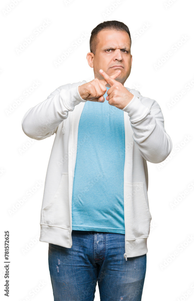 Middle age arab man wearing sweatshirt over isolated background Rejection expression crossing fingers doing negative sign Middle age arab man wearing sweatshirt over isolated background Rejection expression crossing fingers doing negative sign