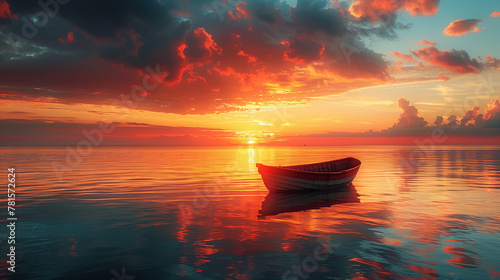 A boat is floating on a calm lake at sunset