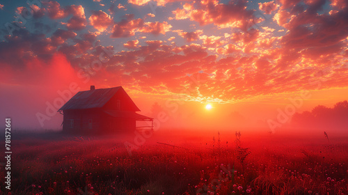 A small house is in the middle of a field with a red sky photo