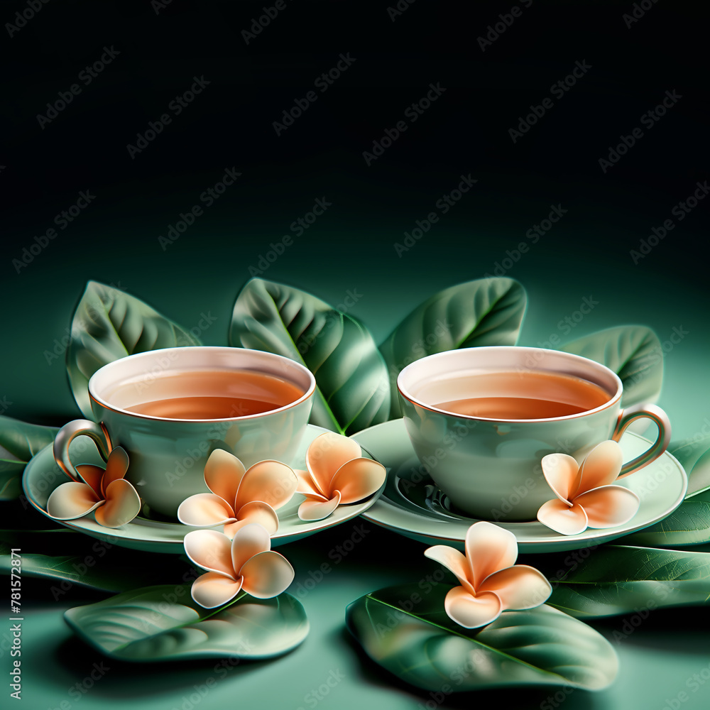 Two cups of tea with tropical flowers on green leaves, dark background with copy space.. Two cups of tea with tropical flowers on green leaves, dark background with copy space..