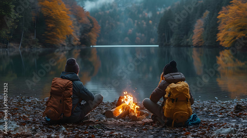 Twilight Serenity by the Lake With a Cozy Cabin and a Couple Enjoying the Campfire