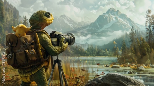 A 2D animated turtle as a photographer, with a 3D camera, snapping photos of watercolor landscapes