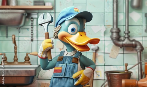 A cartoon duck as a plumber, with 3D tools, fixing watercolor pipes