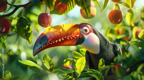 A cartoon-style, vibrant toucan hat, with a 3D beak, perched in a tree rich with Vitamin AHA fruits photo