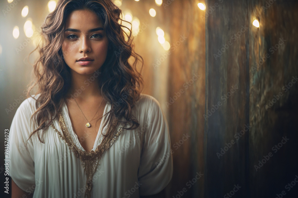 A pretty woman in her 20's in front of a weathered wall with decorative lights looks directly at the camera. Image with copy space. A pretty woman in her 20's in front of a weathered wall with decorative lights looks directly at the camera. Image with copy space.