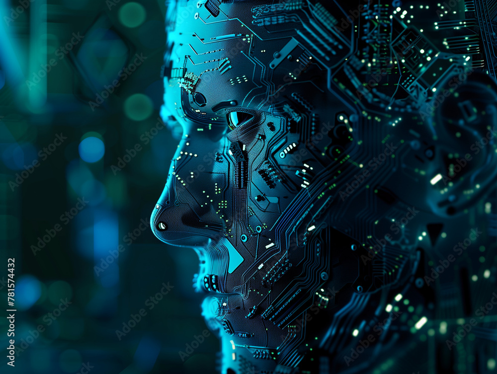 Naklejka premium human robot, artificial intelligence, business intelligence, scientific symbols and laboratory equipment, neural networks, science fiction, technology and anatomy,