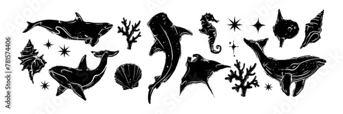 Ocean animal linocut set, vector grunge whale print, wild sea mammal silhouette, woodcut stamp. Summer marine retro collection, hand drawn underwater shark, coral, stingray. Ocean animal illustration