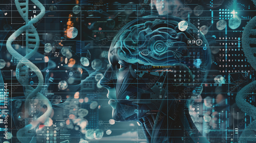 human robot, artificial intelligence, business intelligence, scientific symbols and laboratory equipment, neural networks, science fiction,  technology and anatomy, - obrazy, fototapety, plakaty 