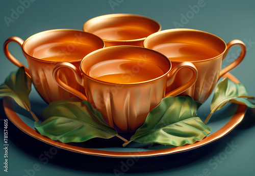 Set of glossy golden teacups with green leaves on a teal background. © ChaoticDesignStudio
