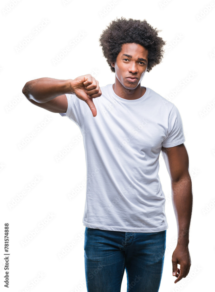 Afro american man over isolated background looking unhappy and angry showing rejection and negative with thumbs down gesture. Bad expression. Afro american man over isolated background looking unhappy and angry showing rejection and negative with thumbs down gesture. Bad expression.