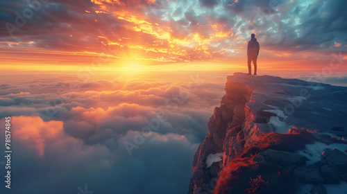 A man stands on a cliff overlooking a beautiful sunset