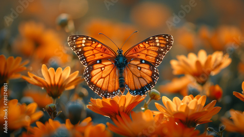 A butterfly is sitting on a flower in a field of orange flowers