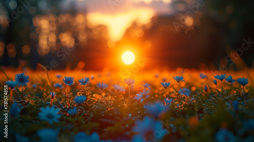 A field of flowers with a sun in the sky