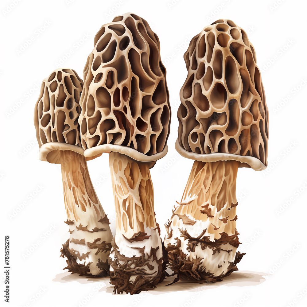 Edible morels isolated on solid white background.