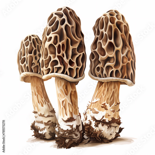 Edible morels isolated on solid white background.