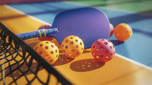Obraz na płótnie Pickleball set, perforated balls and paddle for playing pickleball laying on court near net. w salonie