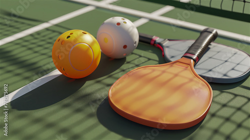 Pickleball set, perforated balls and paddle for playing pickleball laying on court near net.