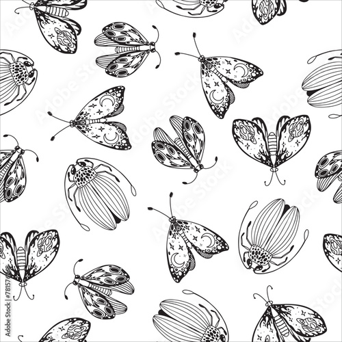 Butterfly moth pattern. Seamless vector. Heavenly magic abstract mystical design. Gothic drawing. black and white vector drawing, shit. Coloring book photo