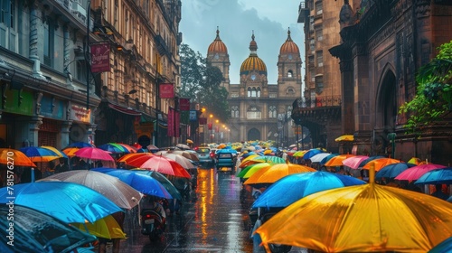 Mumbai. Monsoon in Mumbai, colorful umbrellas & Chhatrapati Shivaji Maharaj Terminus afar