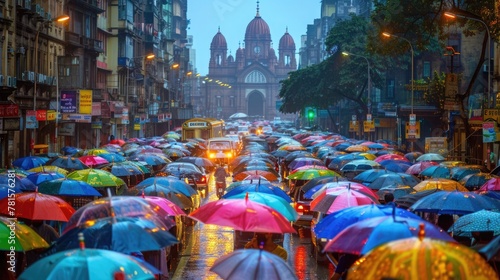 Mumbai. Bustling Mumbai under monsoon skies, umbrellas pop against the terminus photo