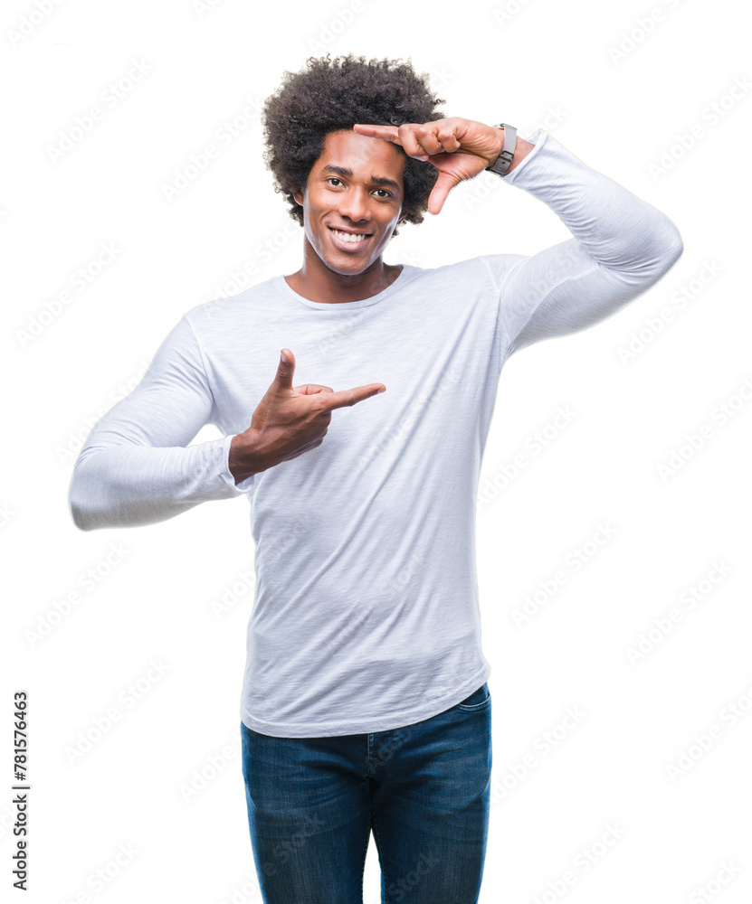 Afro american man over isolated background smiling making frame with hands and fingers with happy face. Creativity and photography concept. Afro american man over isolated background smiling making frame with hands and fingers with happy face. Creativity and photography concept.