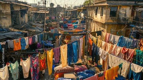 Mumbai. World's largest open-air laundry, Dhobi Ghat, with colorful clothes in the sun