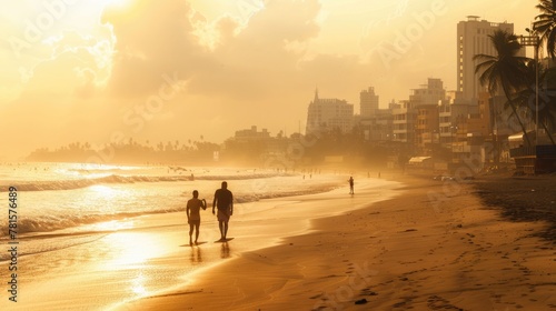 Mumbai. Early hours at Juhu Beach: tranquil yoga, joggers, vast sands, rising sun photo