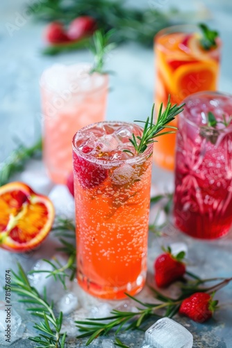 Set of cold drinks from various fruits with ice. Summer time
