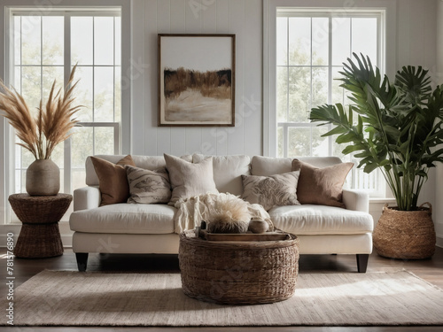 White sofa, wicker vase with pampas grass, and rustic décor against a whitewashed wall with space for creativity