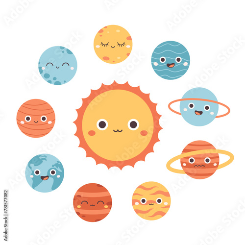 Collection of trendy cartoon planets. Solar System. Earth Day, Save planet. Vector illustration in flat style