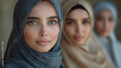 Beautiful arab middle-eastern women with traditional abaya dress and middle easter man wearing kandora in studio - Group of arabic muslim adults portrait in Dubai, United Arab Emirates.