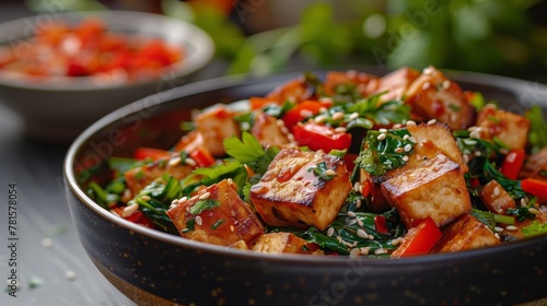 Bowl of Tofu and Vegetables on Table