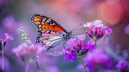Detail of a butterfly delicately perched on a purple flower, its wings displaying a mesmerizing pattern of colors and shapes.