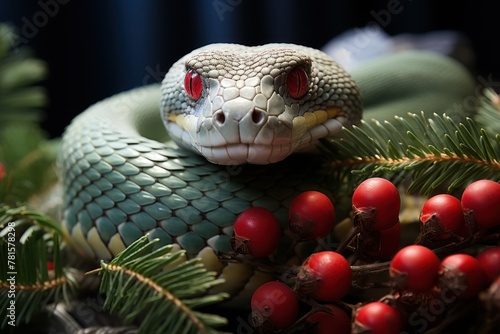 A green snake with red eyes is coiled around a branch with red berries and pine needles. Symbol of 2025.