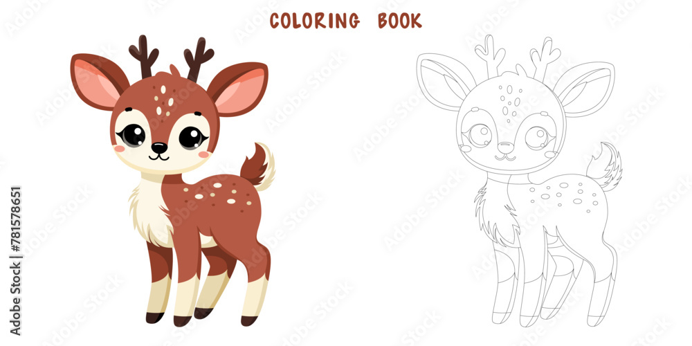 Obraz premium Coloring book of cute happy deer, little sarna, funny roe. Coloring page of cute autumn forest animal isolated on white background. Flat vector illustration.