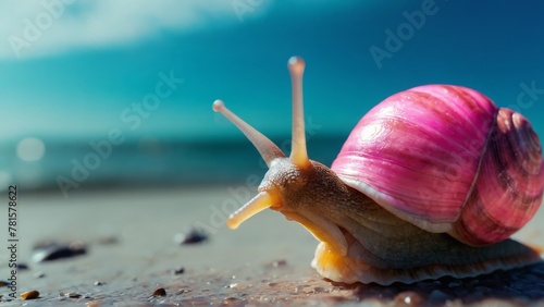 A brown shelled snail explores both leafy greenery and the rough road photo