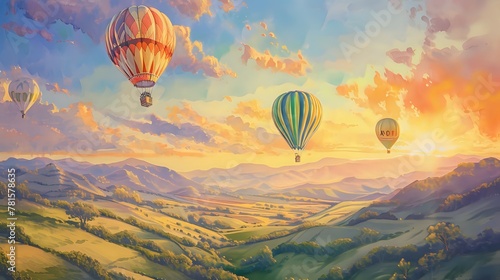 Vibrant Hot Air Balloon Journey at Dawn./n