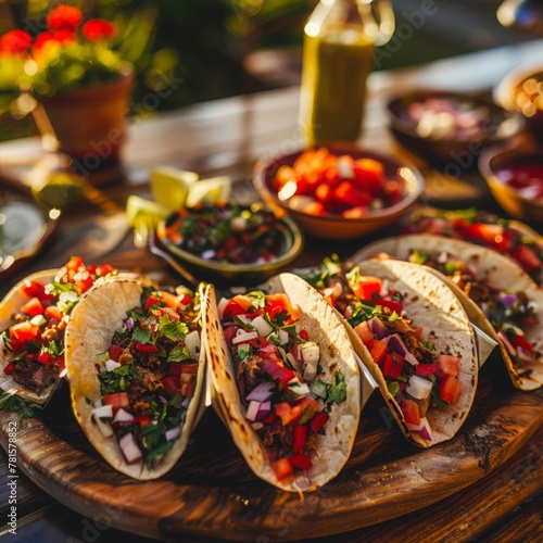 Mexican, Vibrant, A colorful taco spread with a variety of fillings and salsas on a rustic wooden table, Golden Ratio, Late afternoon sun casting shadows, Dinner, Outdoor Patio