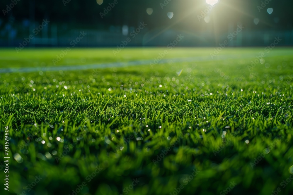 Close-up of soccer field under stadium lights