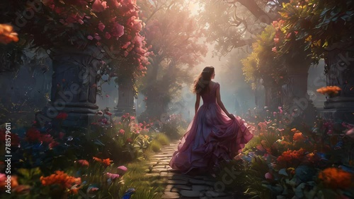 Woman in a flowing dress strolls down a mystical flower-lined garden path as sunlight filters through the trees photo